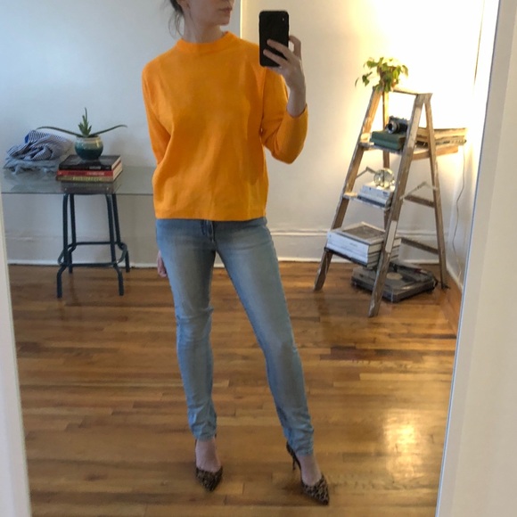 Vintage 60s Mod Bright Orange 3/4 Sleeve Mock Turtle Neck Lightweight Sweater S - Picture 6 of 10